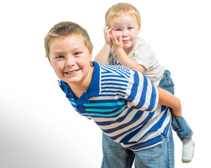 Loving Big Brother Carries Little Brother On His Back