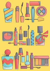 Colorful, stylish set of makeup on yellow background. Hand drawn vector collection of beauty cosmetics products.