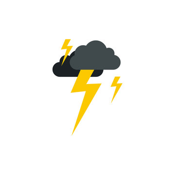 Clouds and lightning icon in flat style isolated on white background. Weather symbol