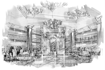 sketch perspective stripes lobby, black and white interior design.