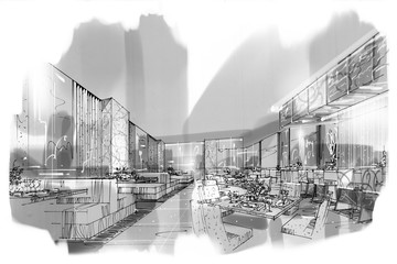 sketch perspective stripes all day, black and white interior design.
