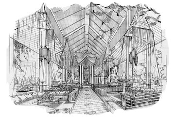sketch perspective stripes lobby, black and white interior design.