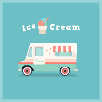 Colorful Retro Ice Cream Van. Vintage Shop Car. Vector Illustration.