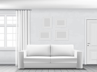 Realistic vector interior of living room with white sofa, window and door.