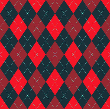 Seamless argyle pattern in bright red, dark claret red and dark gray with blue stitch. 