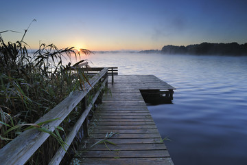 Lake at Sunrise, Wooden Pier, Fog Rising from Water