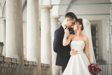Naklejka premium Luxury married wedding couple, bride and groom posing in old city