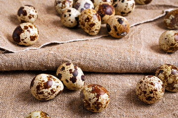 Close up Organic Quail eggs on burlap background