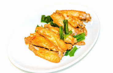 Hot Meat Dishes - Fried Chicken Wings with Garlic Cheese Sauce, Herb Thailand.on white background