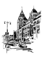 original black and white digital sketch of Kyiv, Ukraine town la