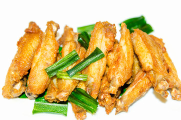 Hot Meat Dishes - Fried Chicken Wings with Garlic Cheese Sauce, Herb Thailand.on white background