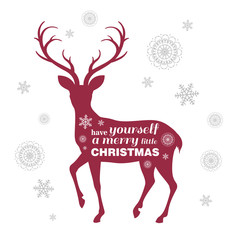 Vector Illustration of a Christmas Greeting Card with Reindeer Silhouette and Snowflakes