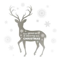 Vector Illustration of a Christmas Greeting Card with Reindeer Silhouette and Snowflakes