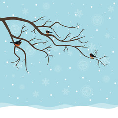 Vector Illustration of a Winter Background with Birds Sitting on a Branch