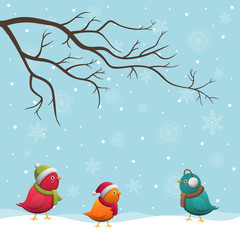 Vector Illustration of a Christmas Background with Cute Little Birds
