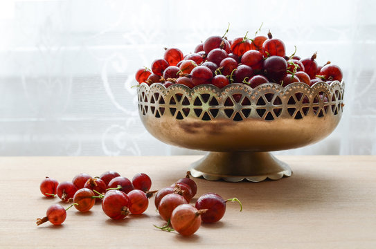 Organic red gooseberry in metal vintage bowl  on wooden background.
