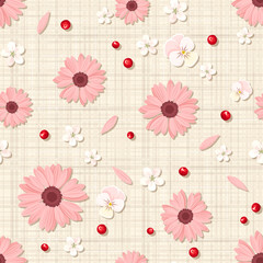 Vector seamless pattern with pink and white flowers, petals and berries on a beige sacking background.
