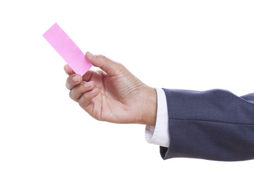 Businessman hand holding sticky note. with using path