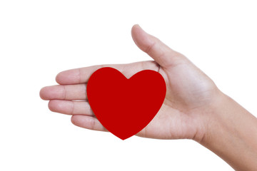 hand holding a red heart on white background