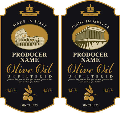 Label for olive oil Made in Italy and Greece with the image of Colosseum and Parthenon