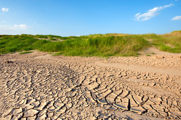 The dry earth and blue sky  after the water level in the river decreased in thailand