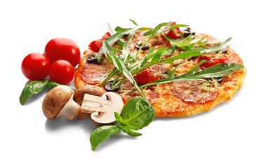 Delicious pizza with vegetables and herbs, isolated on white