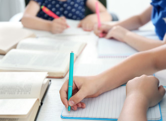 Children doing homework, closeup