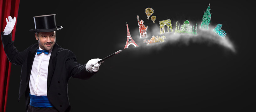 Magician using wand to traveling around world