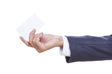Businessman showing and handing a blank business card, isolated on white background. with using path