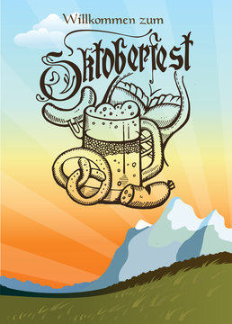 Oktoberfest. Logo, poster. Beer mug hand drawn pretzel and sausa
