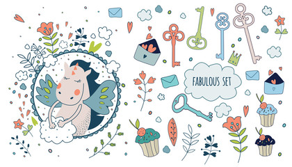 Cute magic collection with princess, unicorn, rainbow, dragon, f