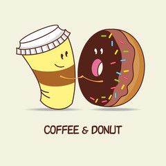 A Cup of coffee and a donut, love forever. Comic, cartoon. Vecto