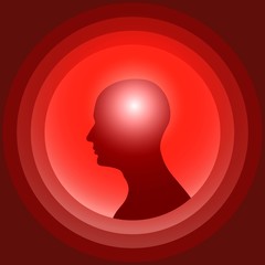 Silhouette of the human head with glowing brain. Design element for graphic media of medicinal products against headache.