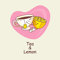 Tea and lemon, love forever. Tea and lemon are hugging in the ba
