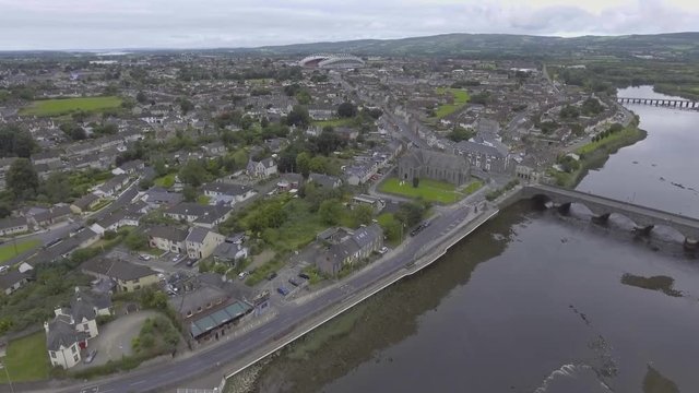 Aerial view Panorama of Limerick city with Thomond Park Stadium Rugby in the distance, Ireland