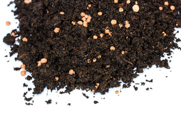 Heap of black soil and Chemical fertilizer on white background