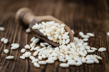 Wooden table with puffed Rice