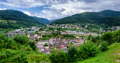 Fototapeta na wymiar Panoramic view on Hornberg city in valley of Black forest mountains, Baden Wurttemberg land, Germany