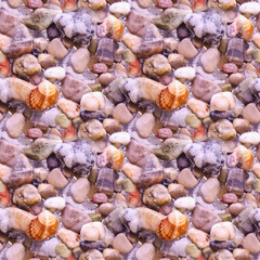 Beautiful seamless background with beach pebbles and shell. Colorful pebbles on the beach.
