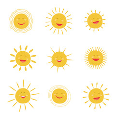 Set sun character smiling and shining. Vector icons collection.