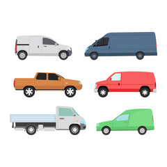 Different car vehicle transport type design sign technology vector. Generic car different design flat vector illustration isolated on white. Pickup, sedan, bus or truck van and other car vehicle