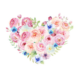 Fototapeta na wymiar Watercolor vintage floral piony heart bouquet. Boho spring flowe