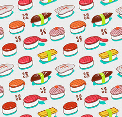 Vector seamless nigiri sushi pattern. Japanese doodle food cover in vintage sketch style.