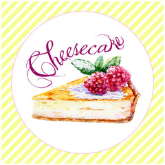 Vanilla cheesecake with raspberries and mint. Watercolor illustration of food.