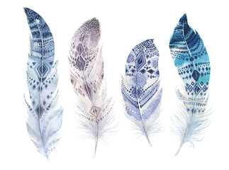 Hand drawn watercolor paintings vibrant feather set. Boho style