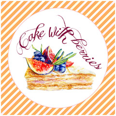 Piece of cake with fresh figs and blueberries. Watercolor illustration of food.