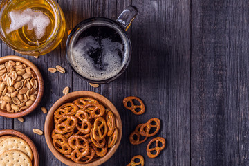 Beer with Pretzels, Crackers and Nuts.