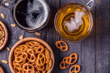 Beer with Pretzels, Crackers and Nuts.