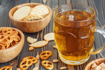 Beer with Pretzels, Crackers and Nuts.