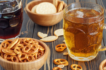 Beer with Pretzels, Crackers and Nuts.